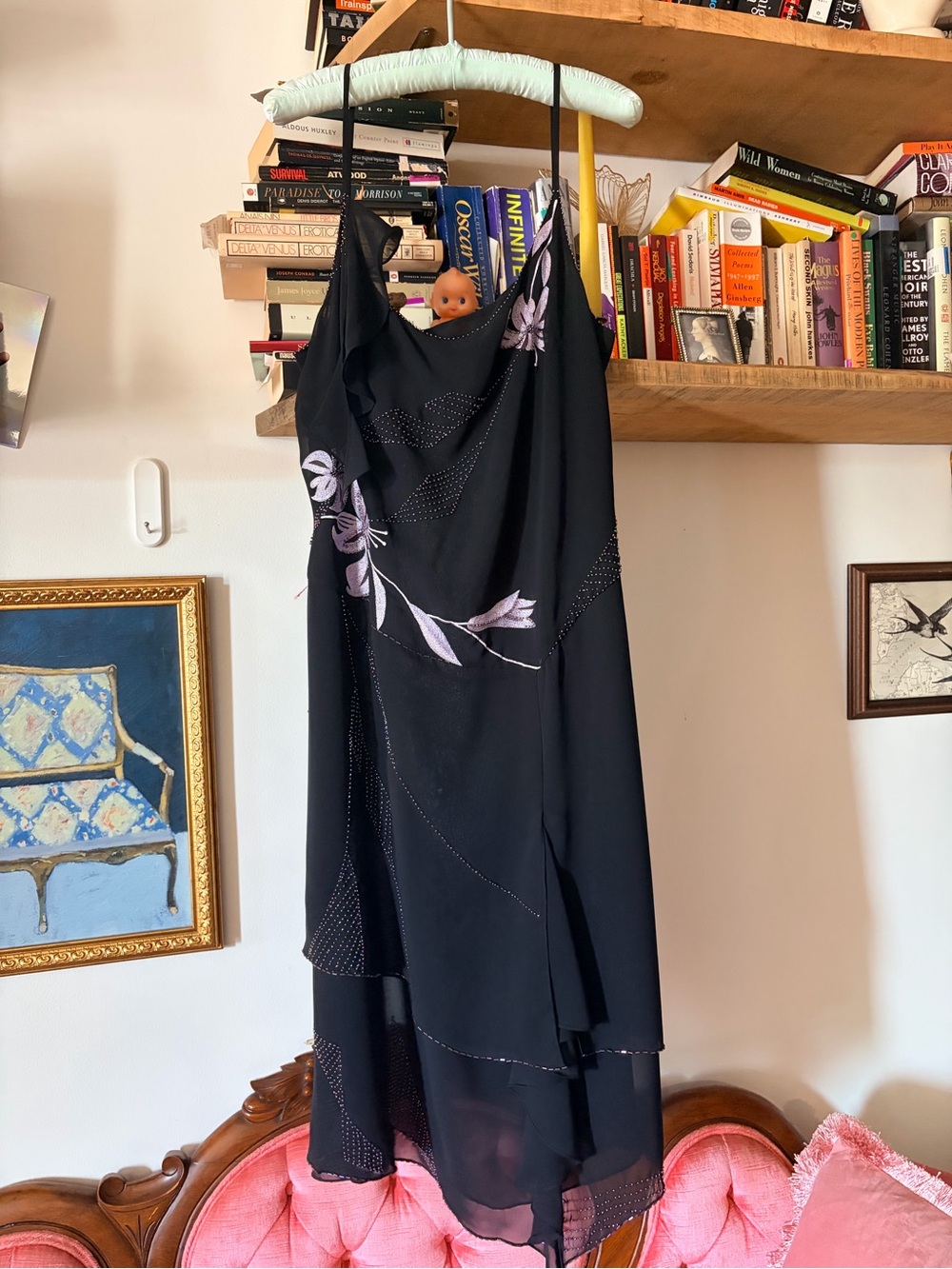 Black Floral Slip Dress with Lilac Embroidery
